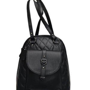 Leather Bagpack with multiple compartments in black and front flap pocket