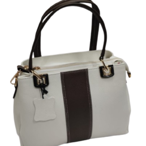 Leather Handbag with brown stripe in white
